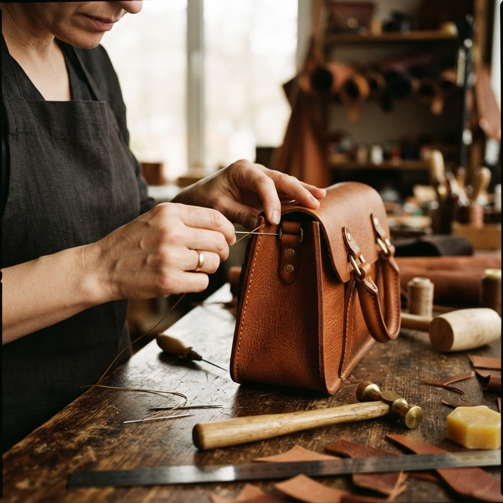 Artesão trabalhando o couro legítimo no ateliê Pellirrara